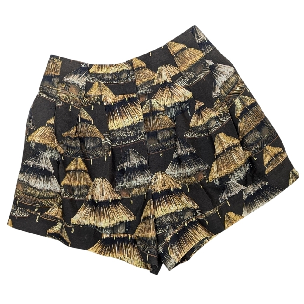 FARM Rio Shorts High Waisted Shuhu Print Pleated Side Pockets Brown M NWT